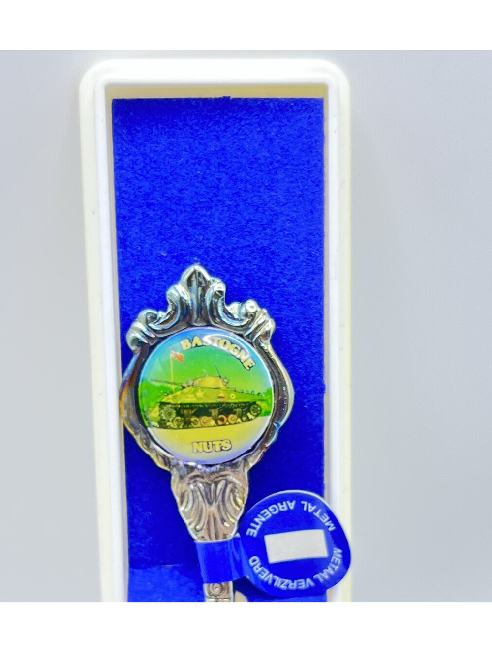 Vintage Bastogne Belgium Tank Nuts Silver Plated Enamel Collector Spoon  3042.1
